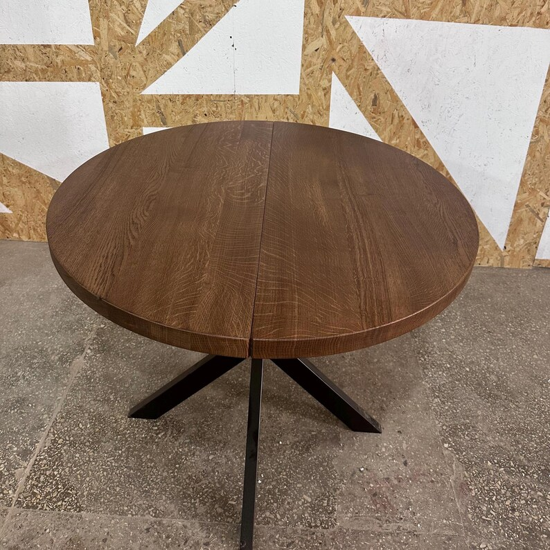Round Extendable Solid Oak Dining Table with Metal Base
