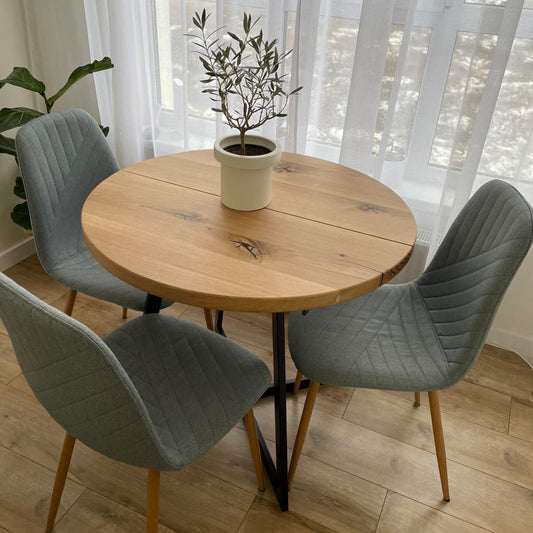 Round Extendable Oak Dining Table with Metal Base