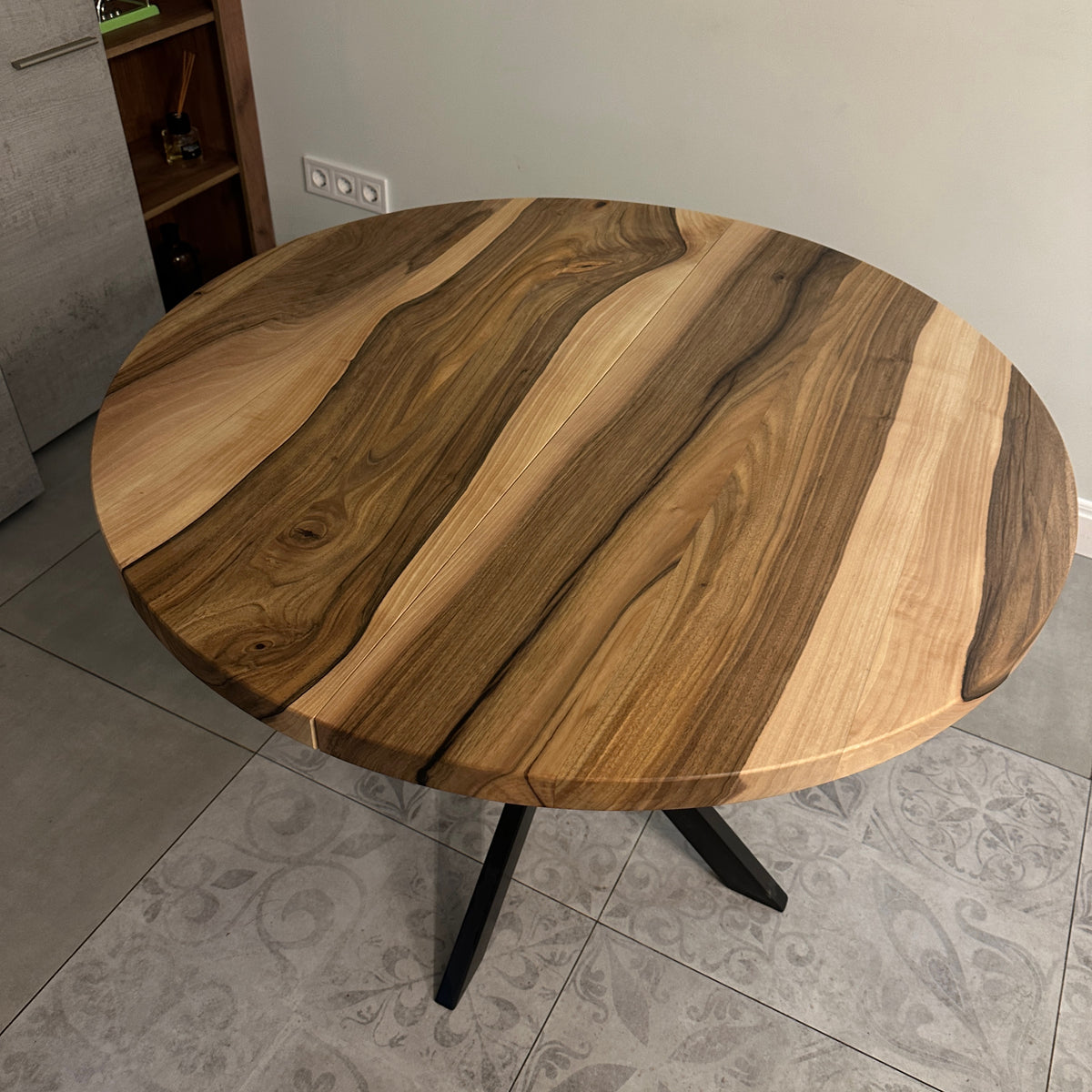 Round Extendable Walnut Dining Table with Metal Base