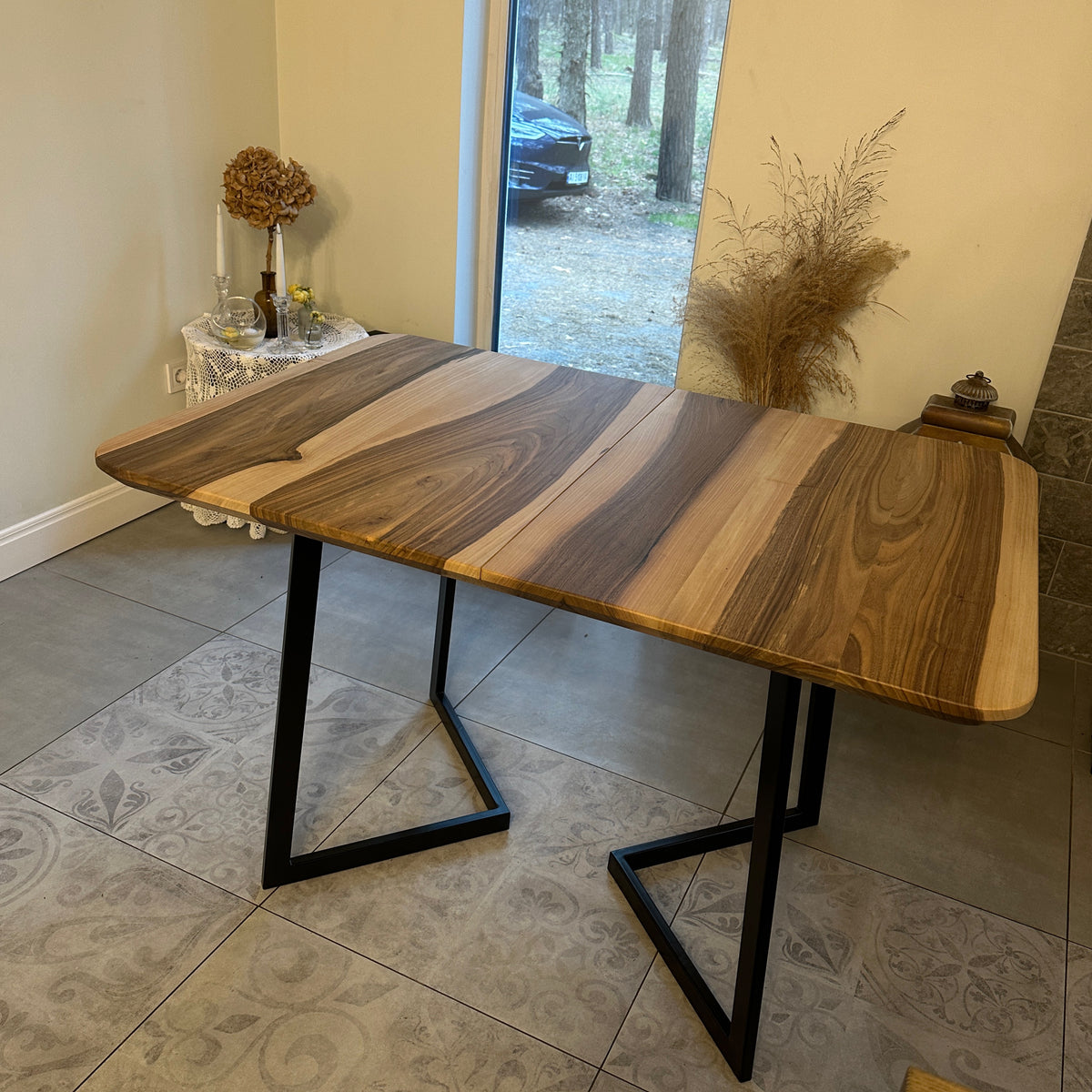 Custom Solid Wood Dining Table with Extension and Metal Base