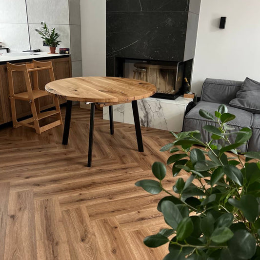Solid Oak Round Extendable Dining Table with Metal Base