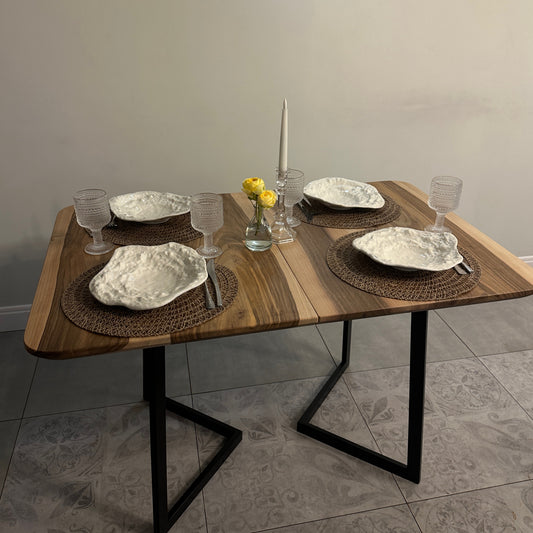 Custom Solid Wood Dining Table with Extension and Metal Base