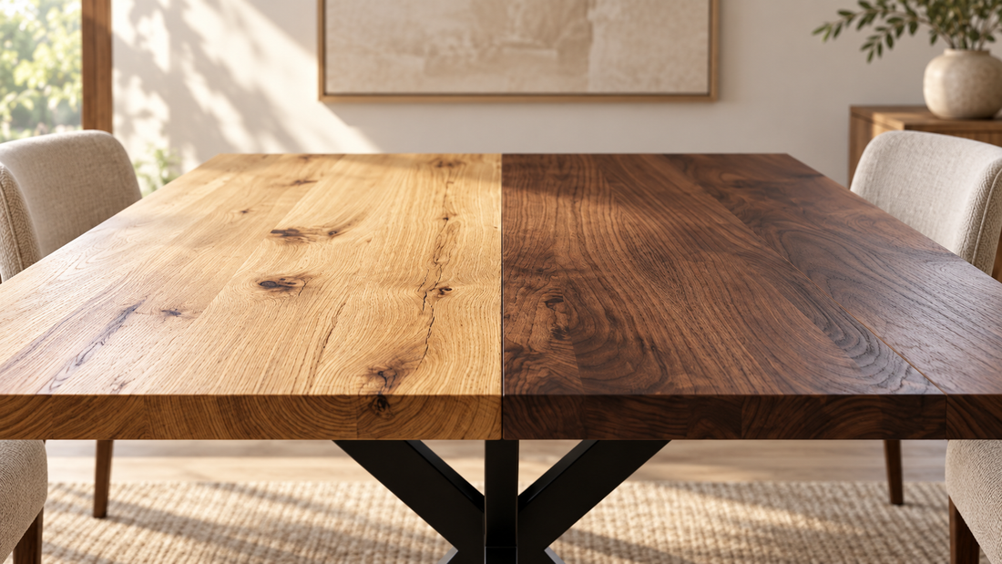 Close-up of a solid wood dining table showcasing contrasting natural oak and dark walnut finishes, wood grain texture, and black metal base.