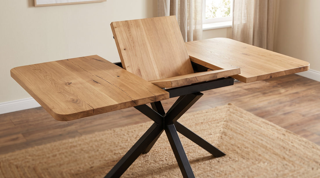 Solid oak extendable dining table with an open butterfly leaf extension mechanism and black metal spider base.