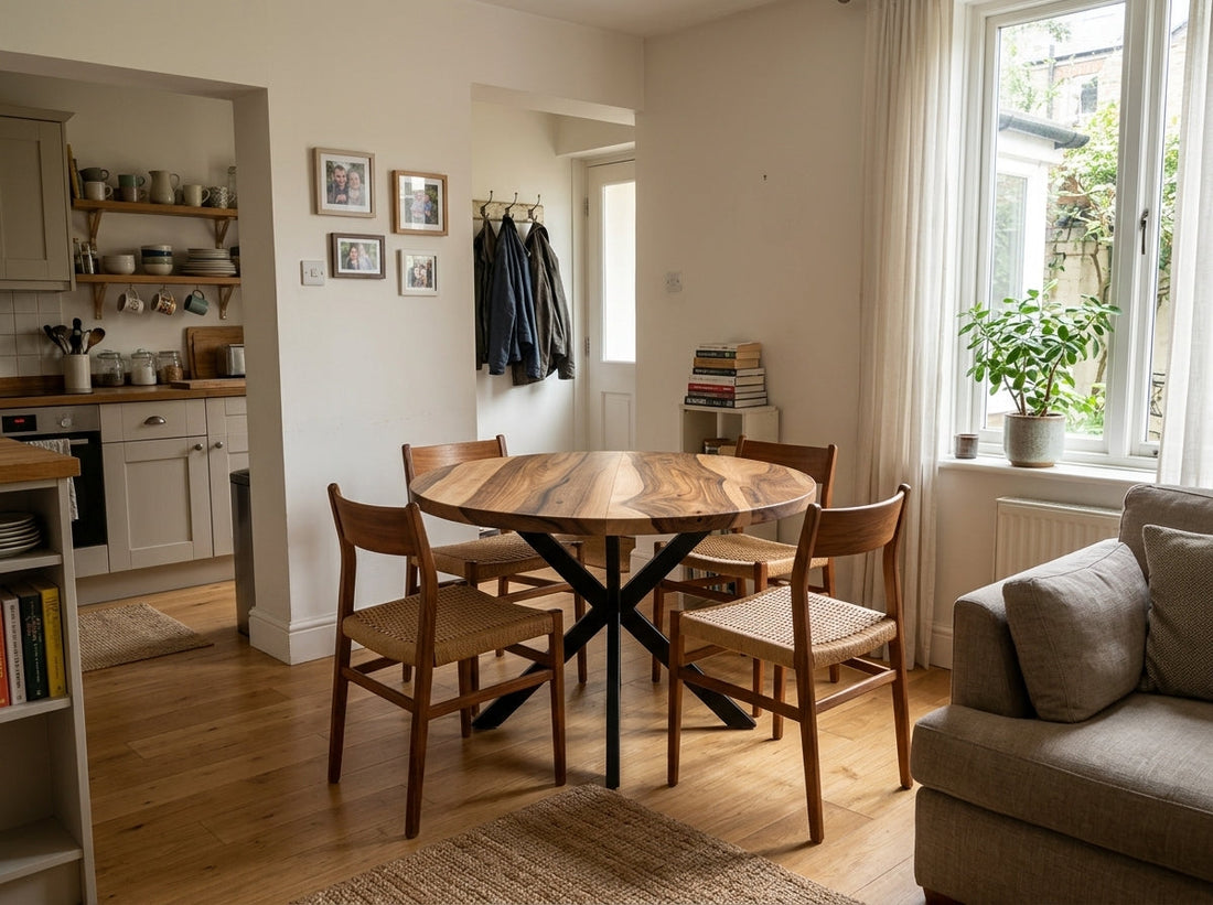 Round solid wood dining table with black metal spider base and wooden chairs in a cozy, sunlit home dining area.