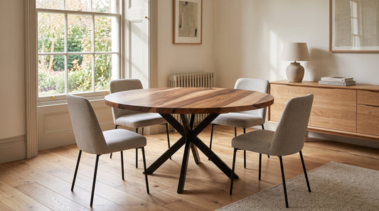 Round extendable solid wood dining table with black metal spider base in a modern dining room with upholstered chairs and natural light.