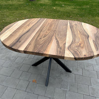 Round Extendable Walnut Dining Table with Metal Base