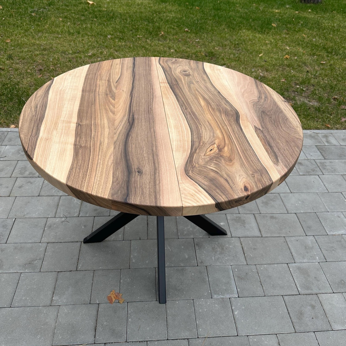 Round Extendable Walnut Dining Table with Metal Base
