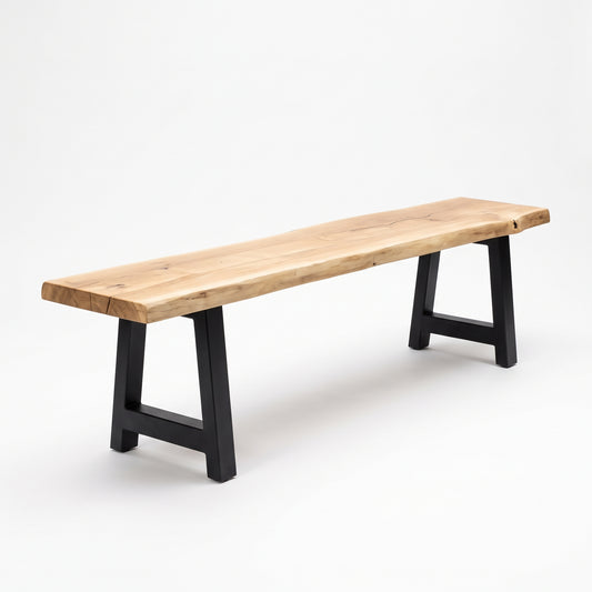 A rustic live-edge wooden bench with a natural oak top and black metal A-frame legs, shown on a clean white background.