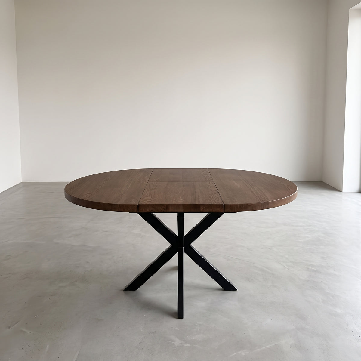 Round Extendable Solid Oak Dining Table with Metal Base