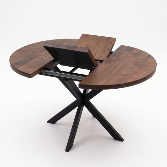 Round Extendable Solid Walnut Dining Table with Spider Base