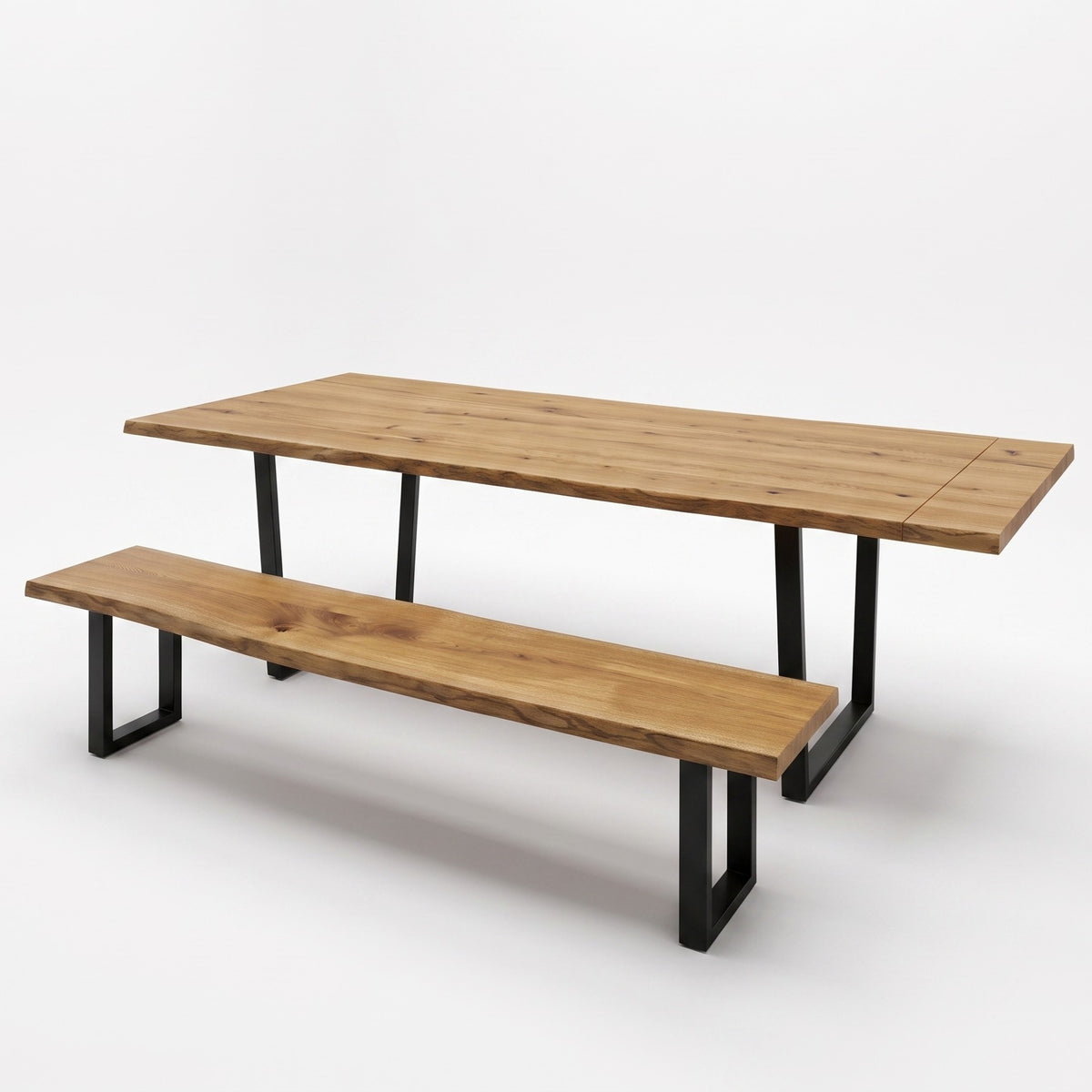 A modern rectangular wooden dining table with a matching bench, featuring a light brown wood grain top and black metal legs, shown on a clean white background.