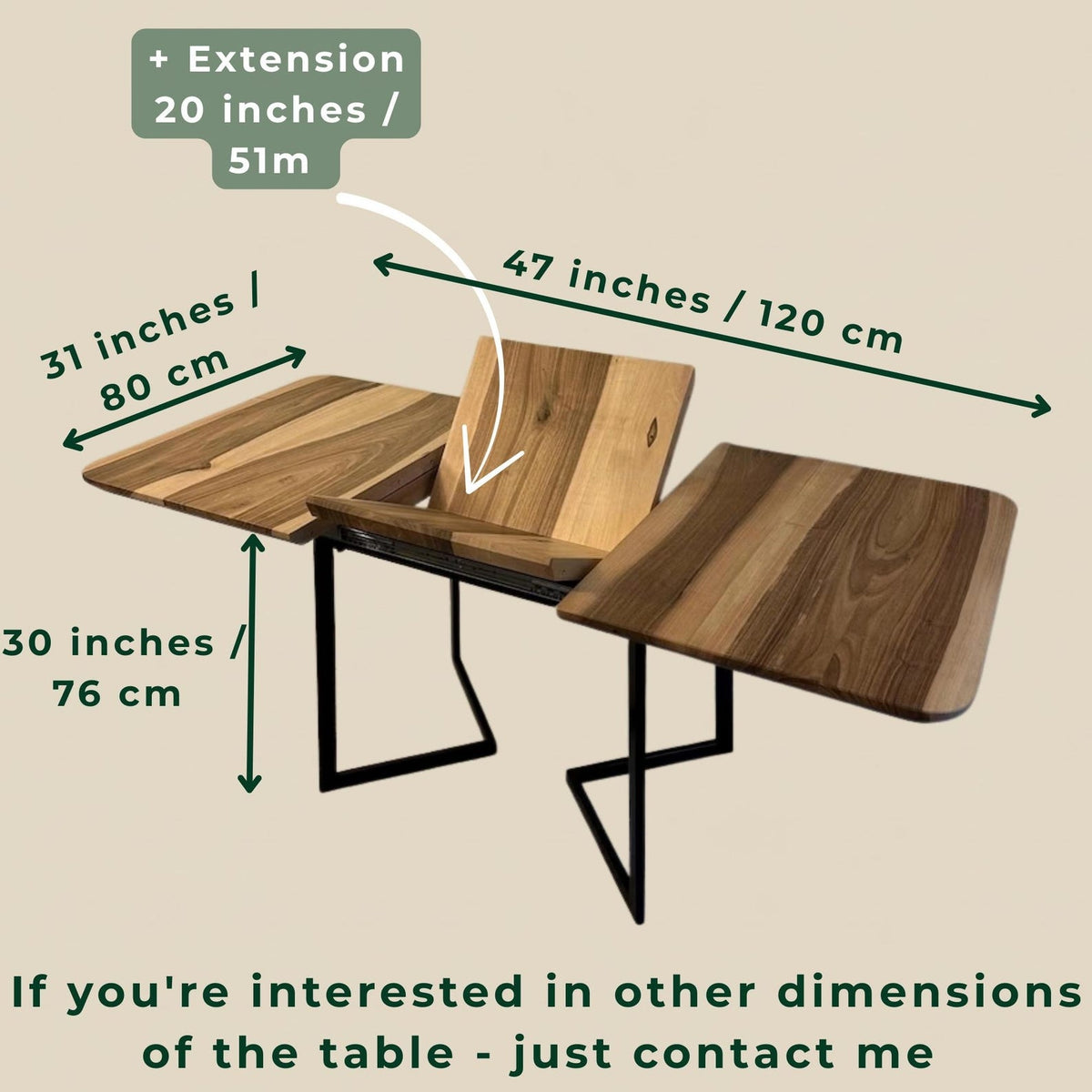 Custom Solid Wood Dining Table with Extension and Metal Base
