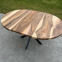 Round Extendable Walnut Dining Table with Metal Base
