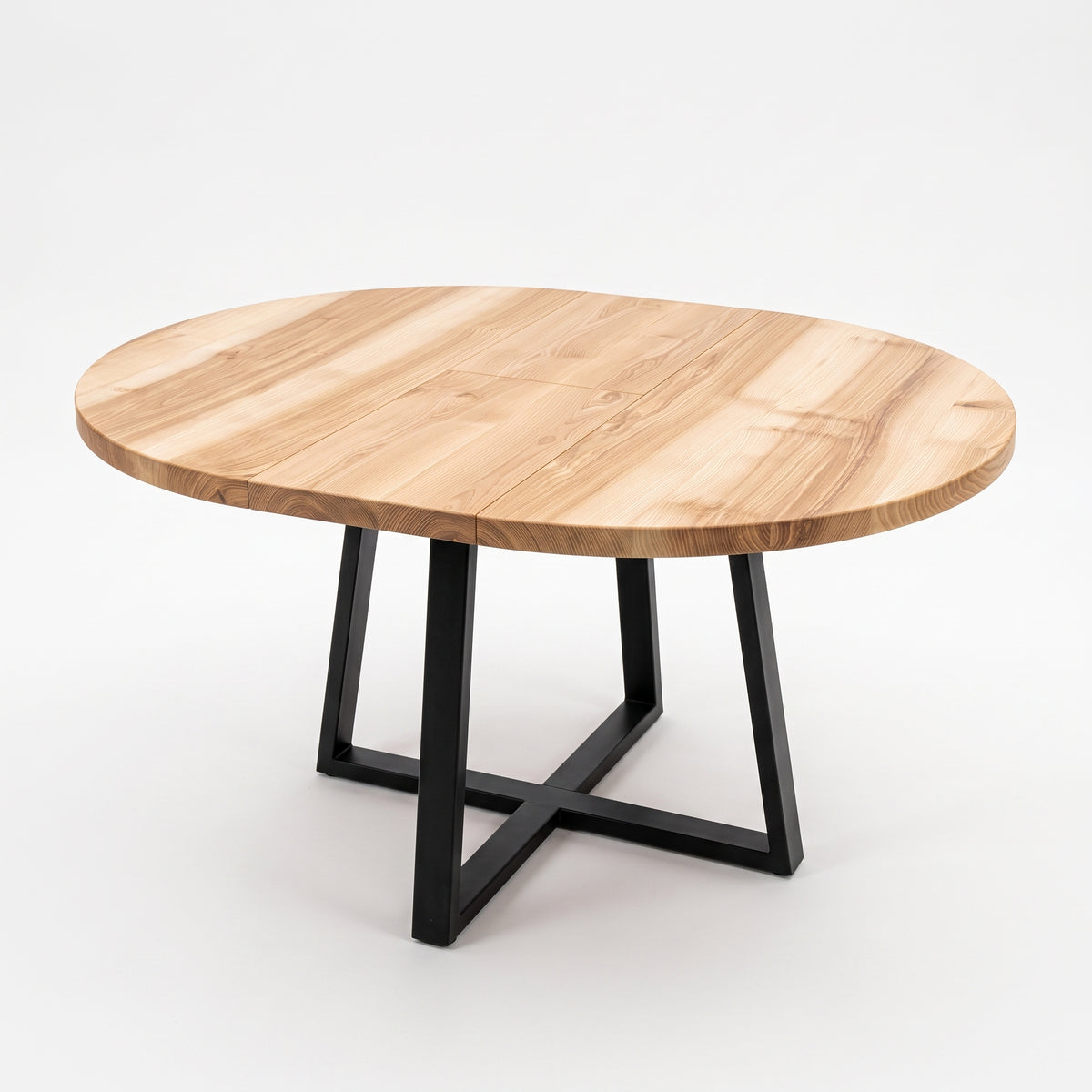 Round Extendable Solid Ash Dining Table with Metal Base