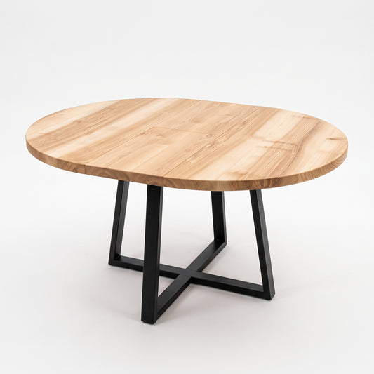 Round Extendable Solid Ash Dining Table with Metal Base