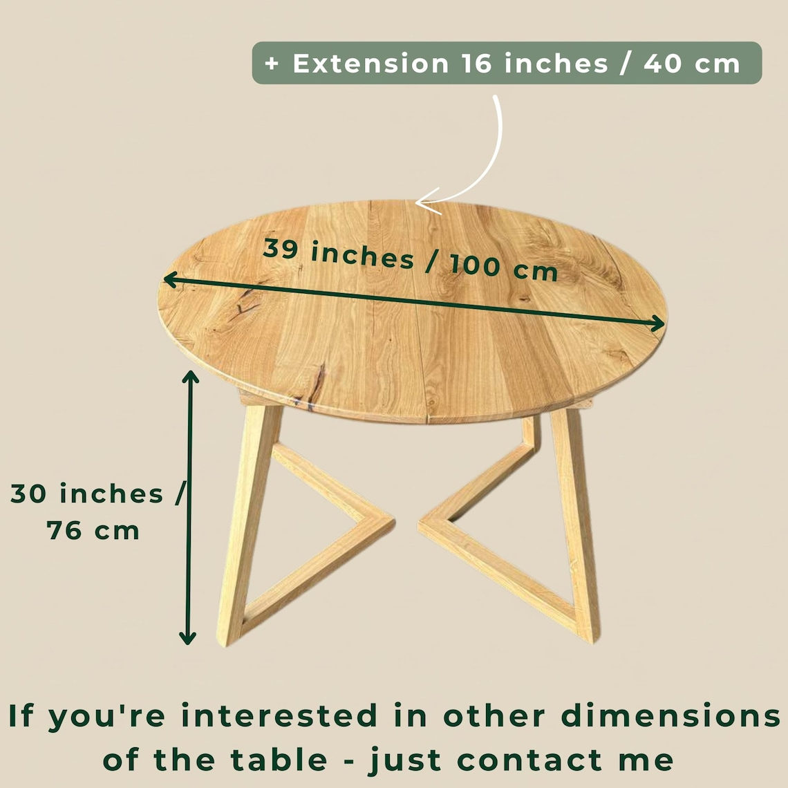 An oval wooden table with dimension annotations showing a width of 39 inches (100 cm), a height of 30 inches (76 cm), and an extension of 16 inches (40 cm) on a beige background.