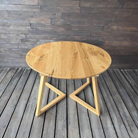 A round wooden dining table with a natural light oak finish and geometric angled legs, set on a dark wood plank floor against a dark wood paneled wall.