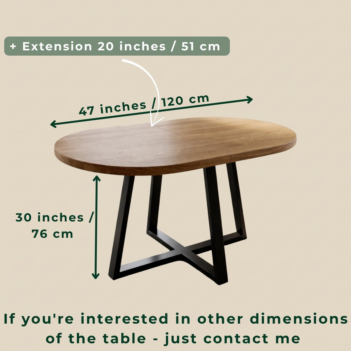 An oval wooden dining table with a black metal base, shown with dimension callouts indicating 47 inches by 30 inches, plus text noting an extension option of 20 inches / 51 cm, on a beige background.