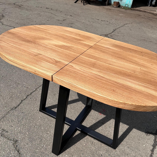 Oval Extendable Solid Oak Dining Table with Metal Base