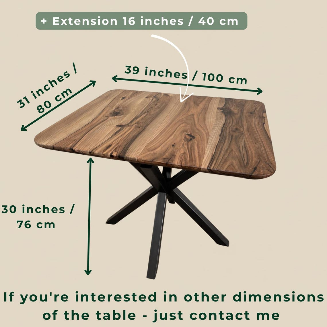 Solid Walnut Extendable Dining Table with Metal Base