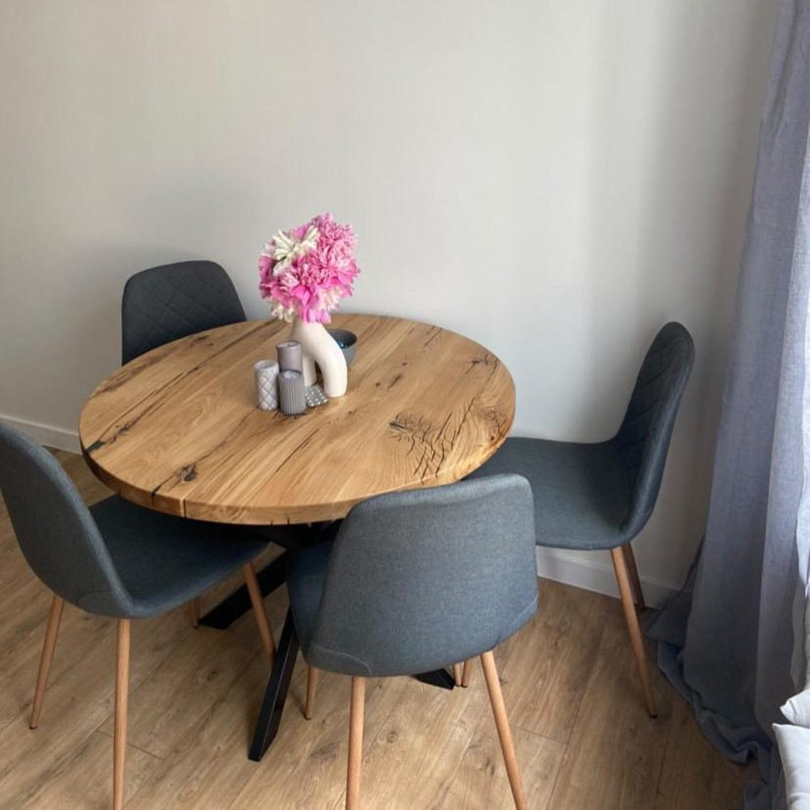 Round Extendable Solid Oak Dining Table with Metal Base