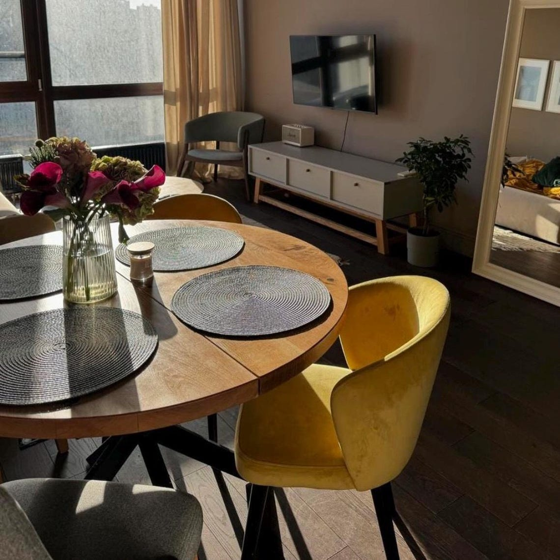 Round Extendable Solid Oak Dining Table with Metal Base