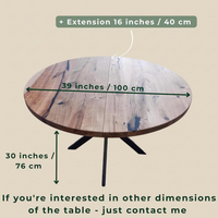 Round Extendable Solid Oak Dining Table with Metal Base