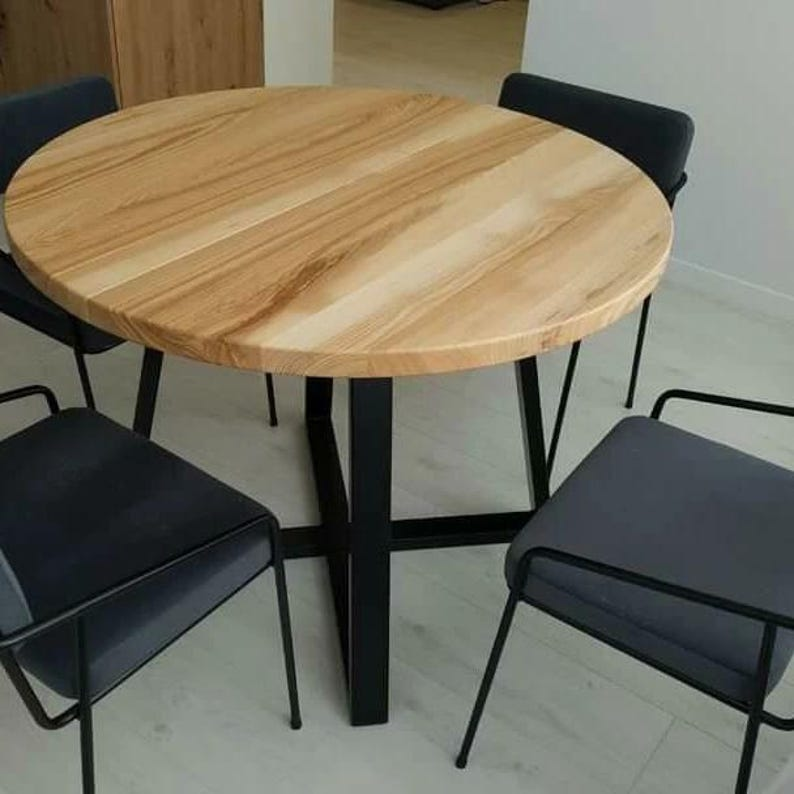 Round Extendable Solid Ash Dining Table with Metal Base
