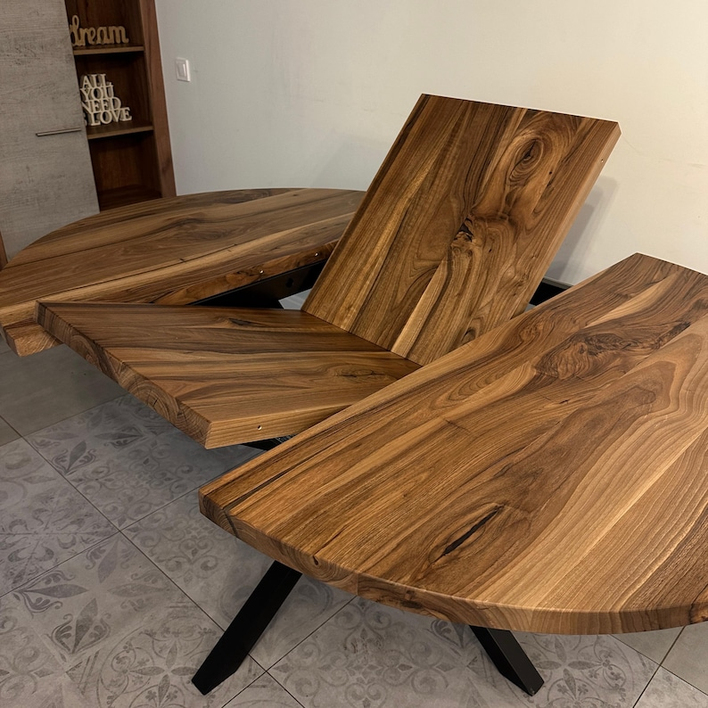 Round Extendable Solid Walnut Dining Table with Spider Base