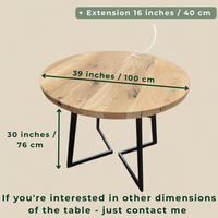 Round Extendable Oak Dining Table with Metal Base