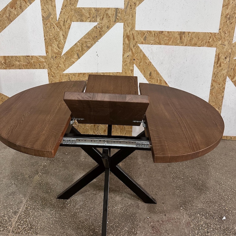 Round Extendable Solid Oak Dining Table with Metal Base