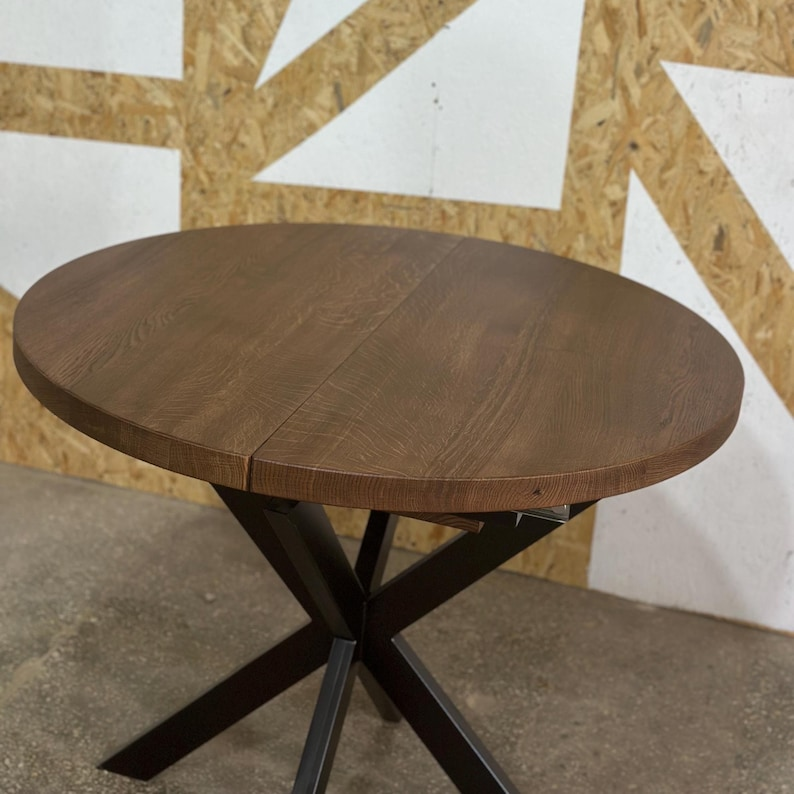 Round Extendable Solid Oak Dining Table with Metal Base