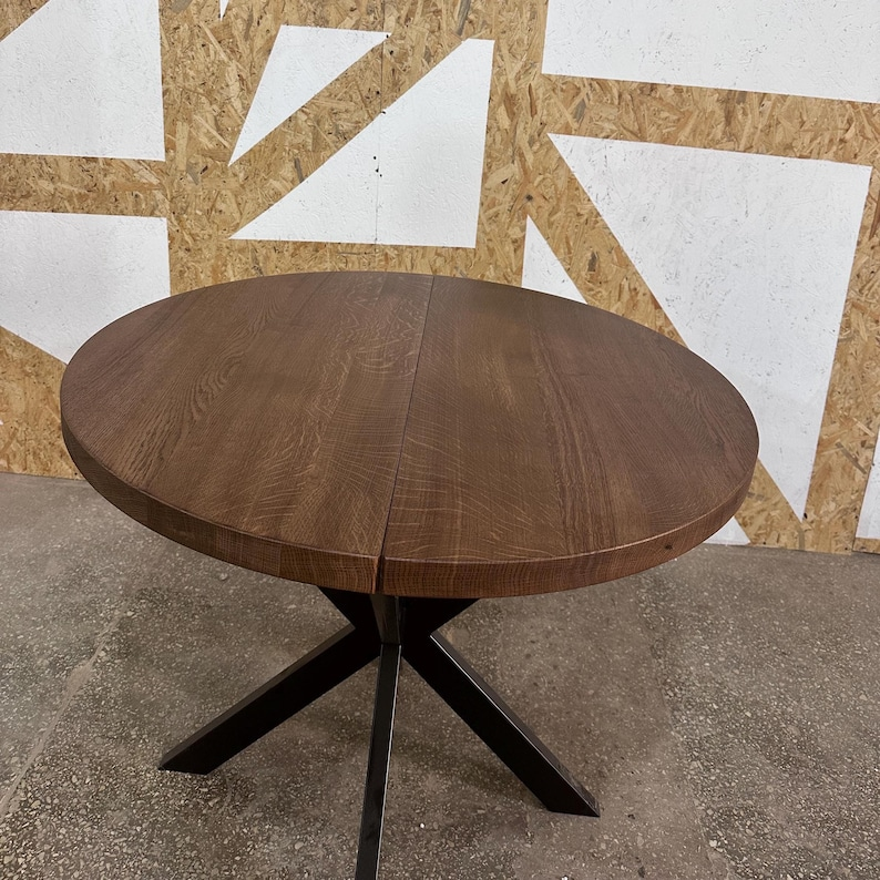 Round Extendable Solid Oak Dining Table with Metal Base
