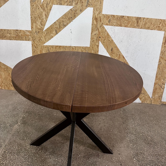 Round Extendable Solid Oak Dining Table with Metal Base