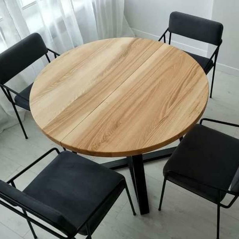 Round Extendable Solid Ash Dining Table with Metal Base