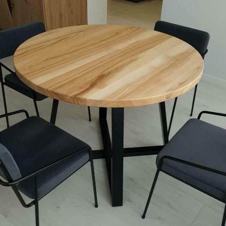 Round Extendable Solid Ash Dining Table with Metal Base