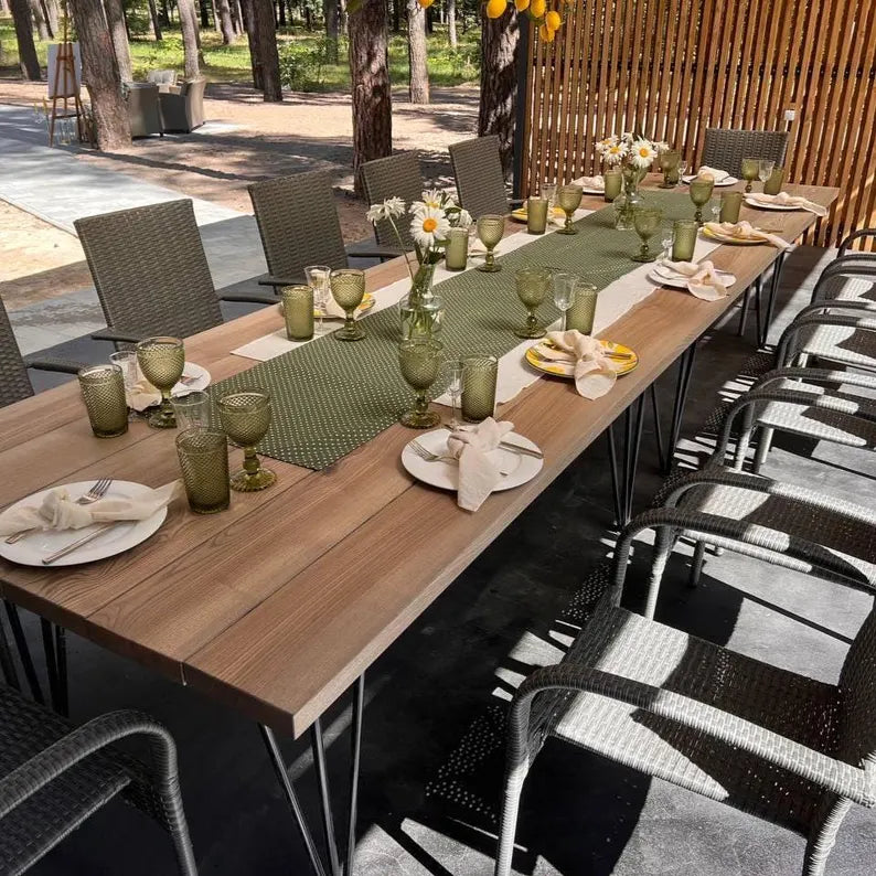 Solid Ash Dining Table with Hairpin Metal Legs