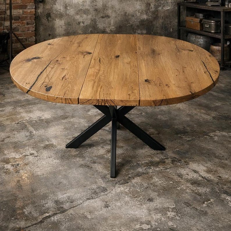 Round Extendable Solid Oak Dining Table with Spider Base