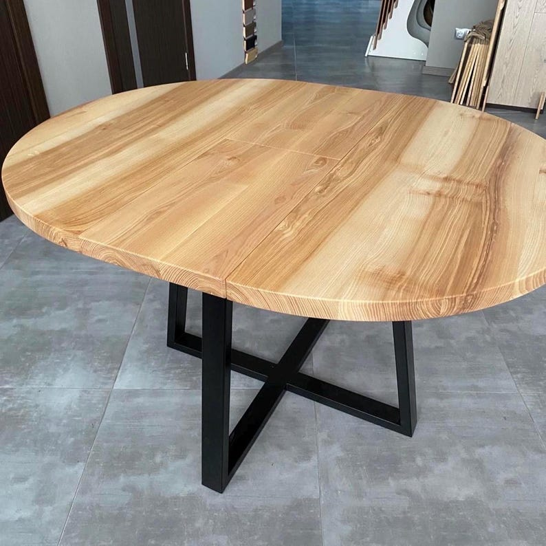 Round Extendable Solid Ash Dining Table with Metal Base