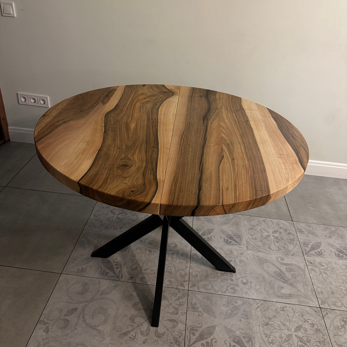 Round Extendable Walnut Dining Table with Metal Base