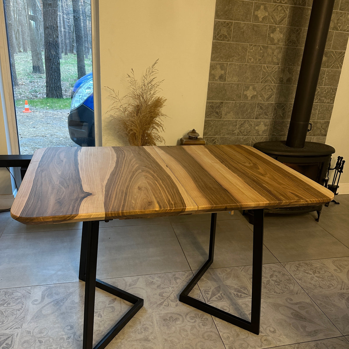 Custom Solid Wood Dining Table with Extension and Metal Base