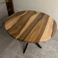 Round Extendable Walnut Dining Table with Metal Base