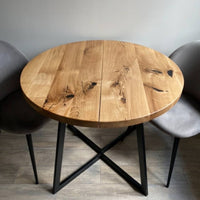 Round Extendable Oak Dining Table with Metal Base