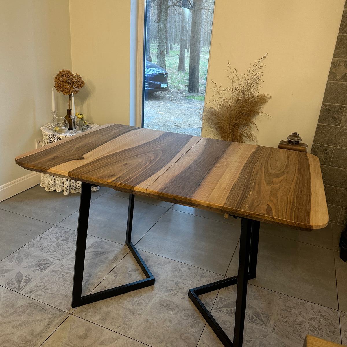 Custom Solid Wood Dining Table with Extension and Metal Base