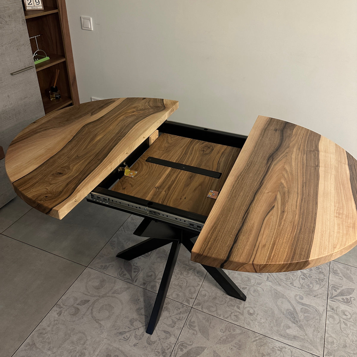 Round Extendable Walnut Dining Table with Metal Base