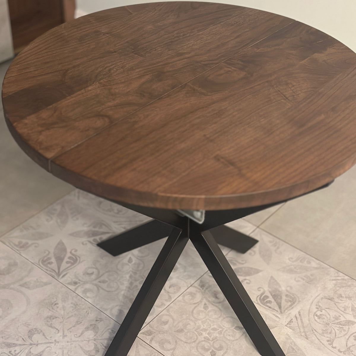 Round Extendable Solid Walnut Dining Table with Spider Base