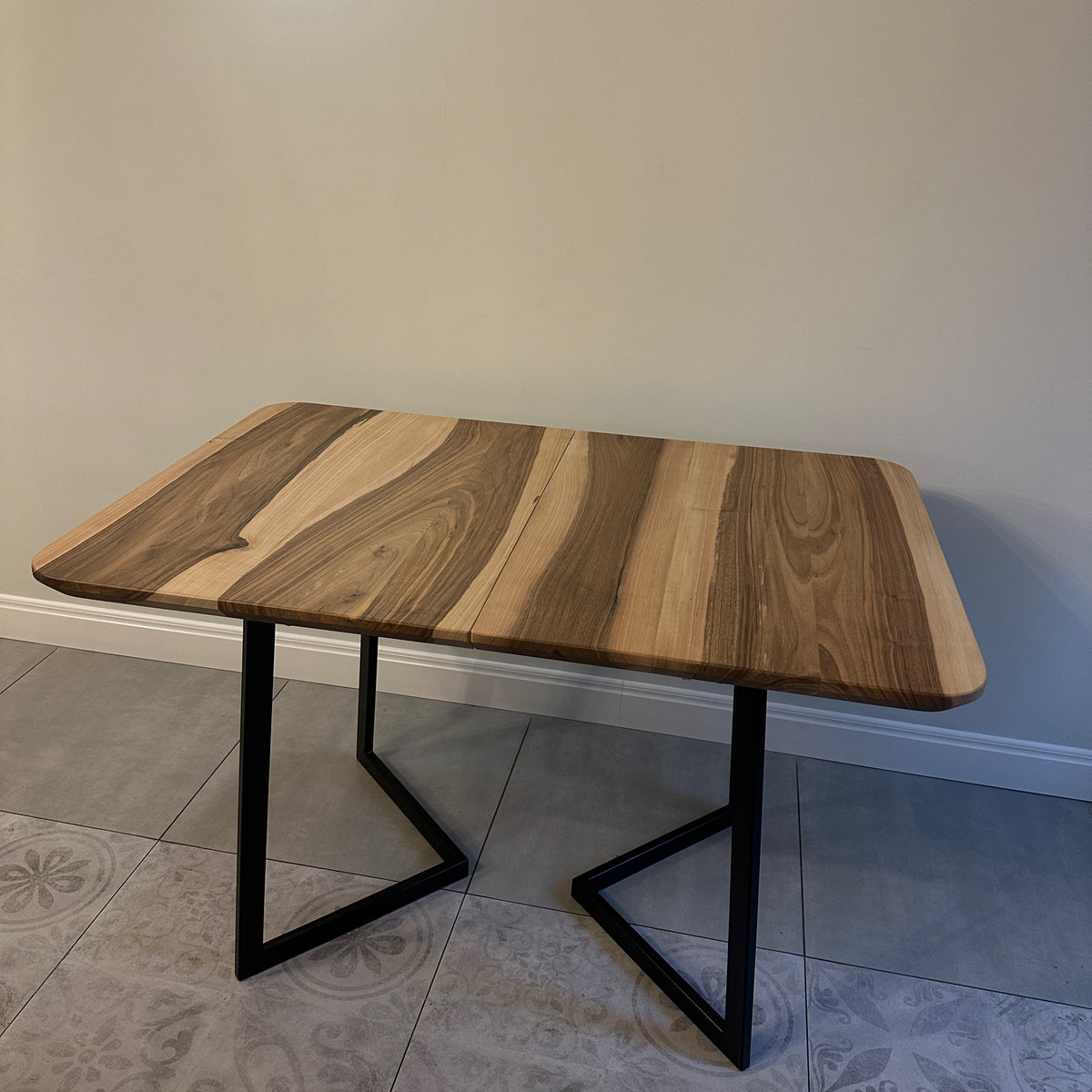 Custom Solid Wood Dining Table with Extension and Metal Base