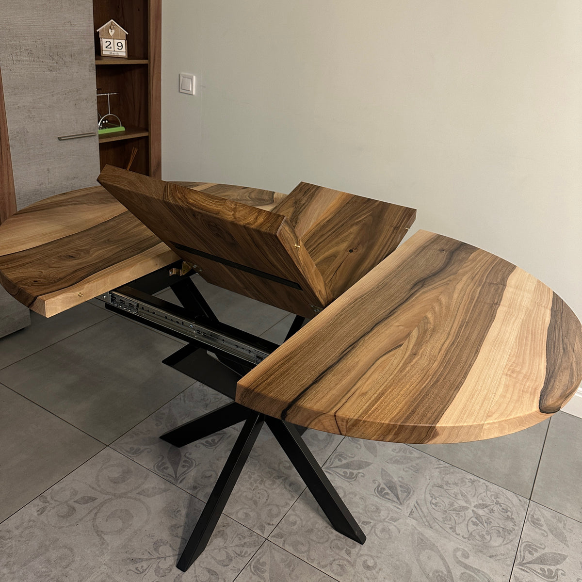Round Extendable Walnut Dining Table with Metal Base