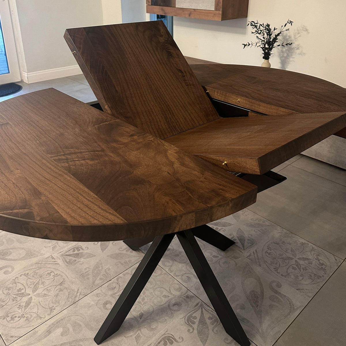 Round Extendable Solid Walnut Dining Table with Spider Base